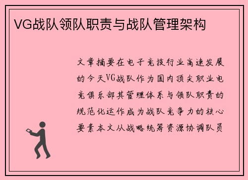 VG战队领队职责与战队管理架构