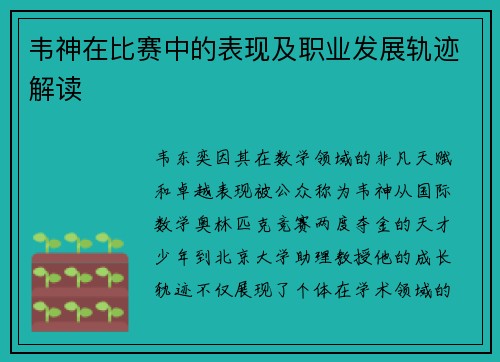 韦神在比赛中的表现及职业发展轨迹解读